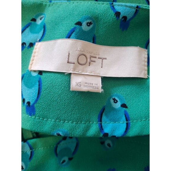 Ann Taylor LOFT Shift Mini Dress XS Green Bird 3/4 Sleeves Cottagecore Preppy - Picture 4 of 7